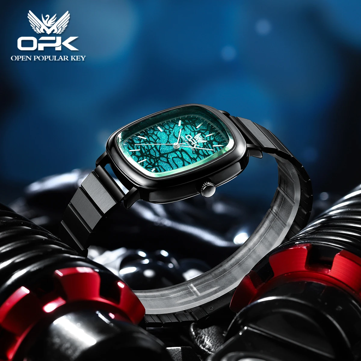 OPK 브랜드 야광 방수 레트로 사각 스틸 밴드 남성용 쿼츠 시계 8143