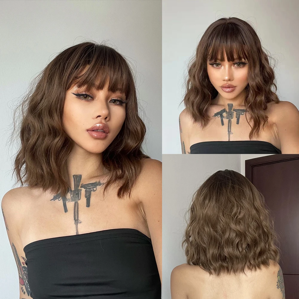 Peruca preta com Franja para Mulher, Perucas Naturais, Cabelo Sintético Ondulado Curto, Resistente ao Calor, Festa Diária