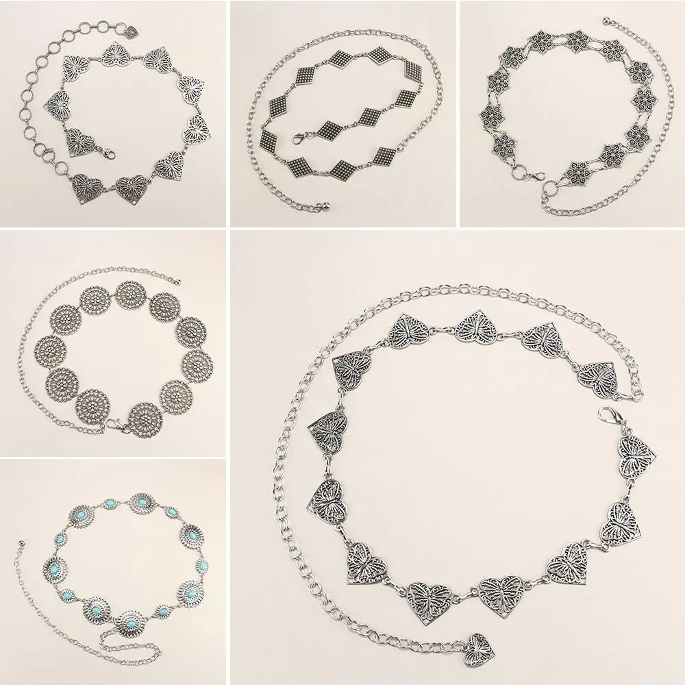 Cintura in vita regolabile in metallo retrò Cintura skinny decorata Boho Cintura da cowgirl occidentale in argento da donna