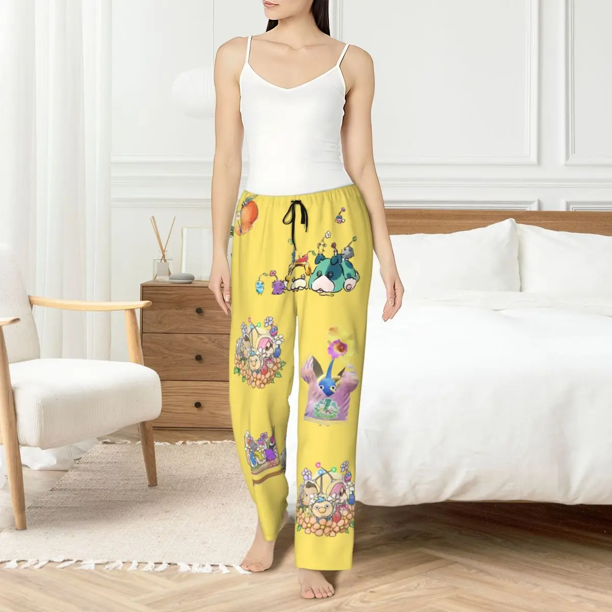Custom Cute Pikmins Gaming Pajama Pants Women Anime Cartoon Lounge Sleep Drawstring Sleepwear Bottoms with Pockets