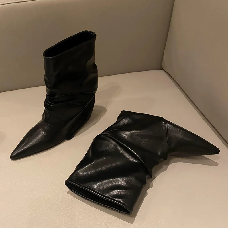 Eilyken Autunno Inverno Stivaletti da donna a punta pieghettati Street Style Tacchi alti sottili Banchetto Prom Scarpe femminili