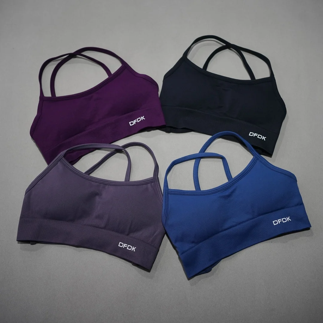 DFDK Ribbed Seamless Cross Back Yoga Bra Women Wirefree Push Up Removable Pads Shockproof Stretch Fitness Workout Top
