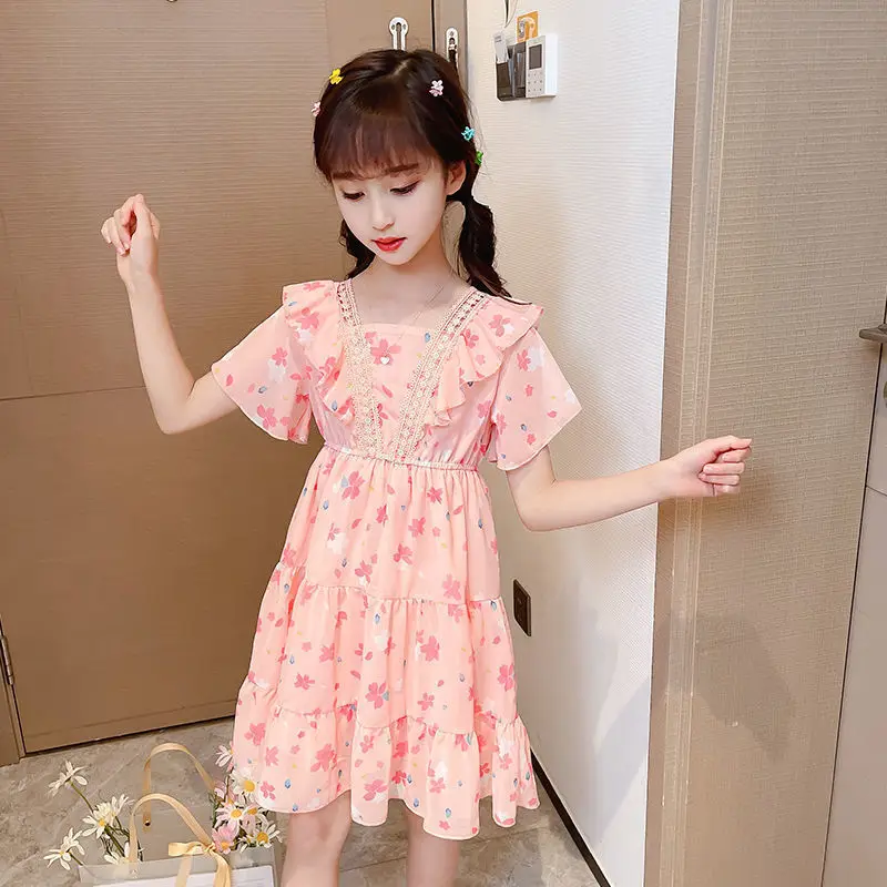 2023 New Summer Flower Full Print Elegant Princess Dresses For Girls Birthday Present Teen Children Clothing 3 4 6 8 10 12 Years