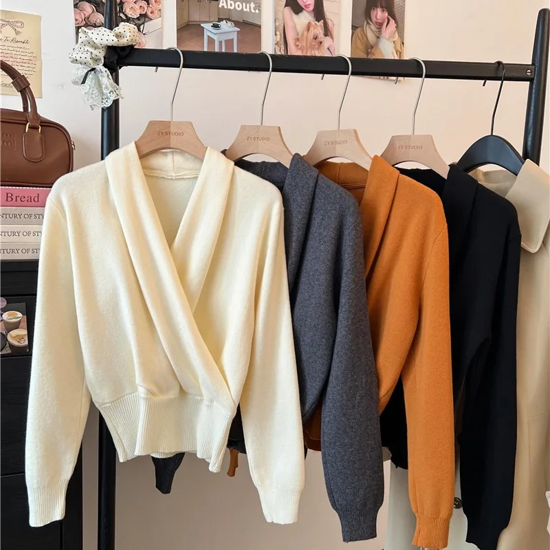 

Slimming V-Ne Knitwear Top Ele Simple Sle Waist-Cinching Autumn-Winter New Arrival for Young Women Long Sve ...