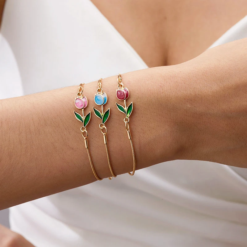 Korean Tulip Flower Bracelet For Women Light Luxury Enamel Copper Lobster Clasp Chain Adjustable Charm Bracelet Trendy Jewelry