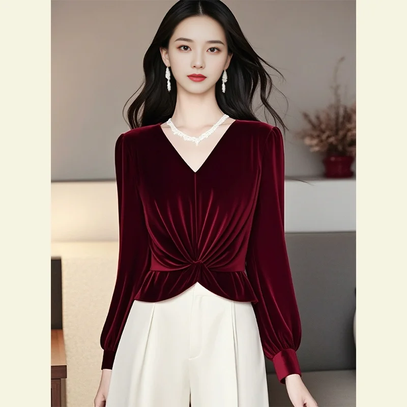 Spring Autumn New Top Tee Ladies Fashion Bottoming Shirt Temperament Fashionable Solid Color V-neck Long Sleeve Trend Pullovers