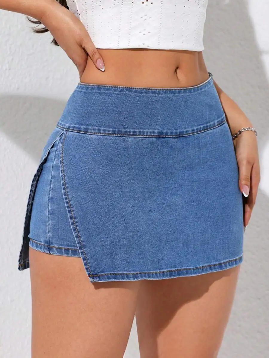 Women's Washed Denim Wrap Skirt Shorts with Side Slit