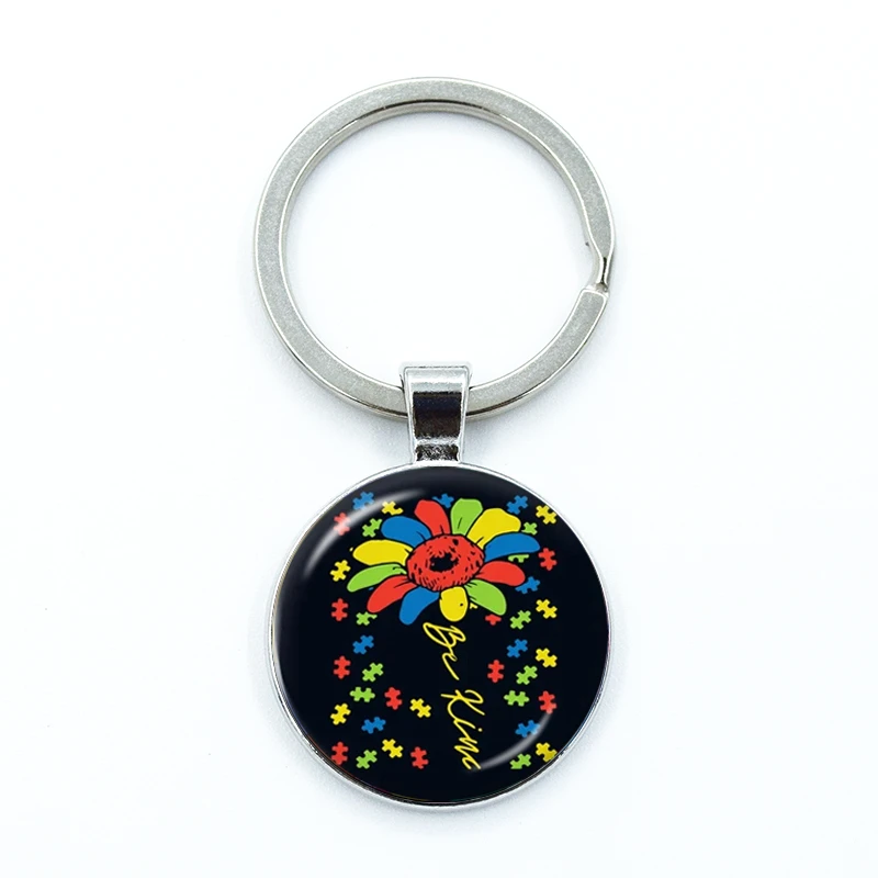 Autism Awareness Keychain Glass Cabochon KeyRing Bag Car Key Chain Ring Holder Charms Jewelry Gifts