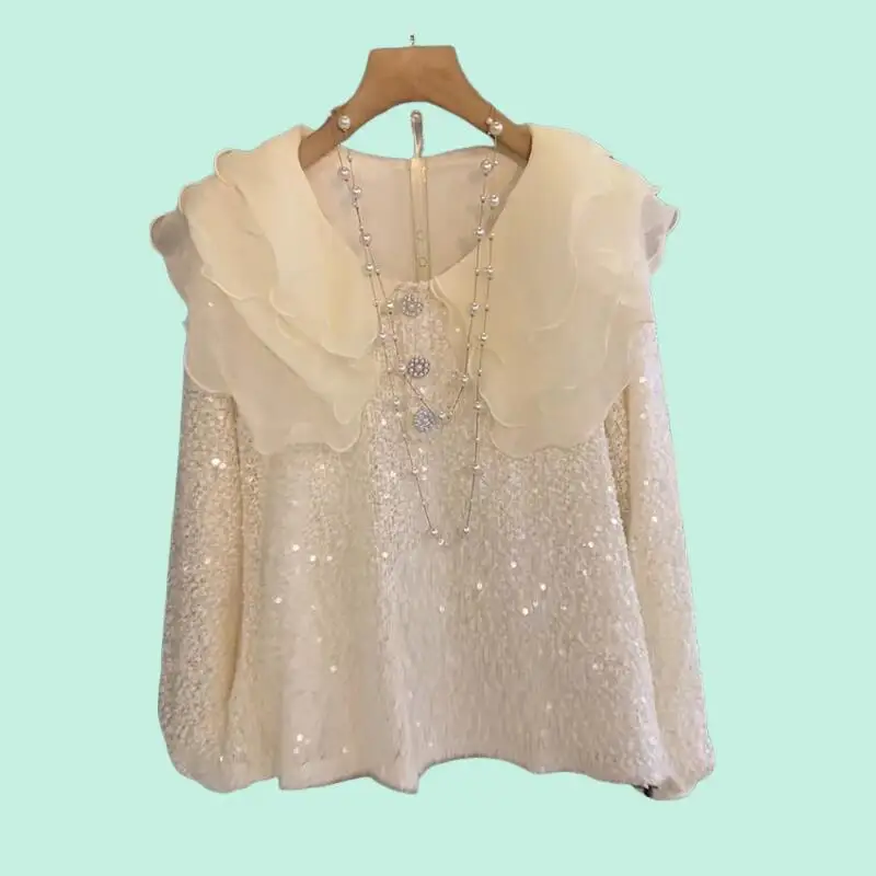 2026Autumnwinter Women New Fashion Sweet French Doll Neck Sparkling T Shirt Light Luxury Western Style Loose Design T Shirt Tops