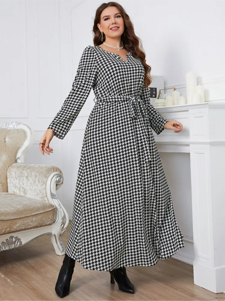 Vestido largo con estampado a cuadros para mujer, prenda elegante de manga larga, informal, a la moda, talla grande, Otoño, 2023