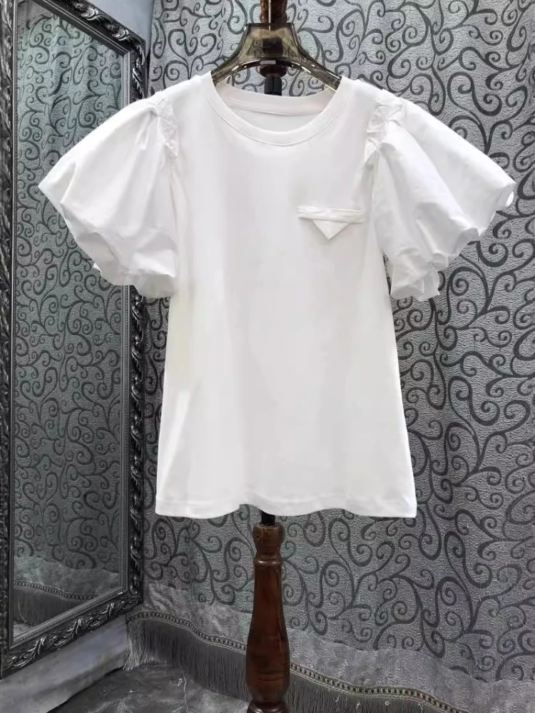 Vintage Simple Tshirts for Women Summer T-shirts Puff Sleeve O-neck Tees All Match Tops Fashion Sweet White Tees 2024 Ropa Mujer