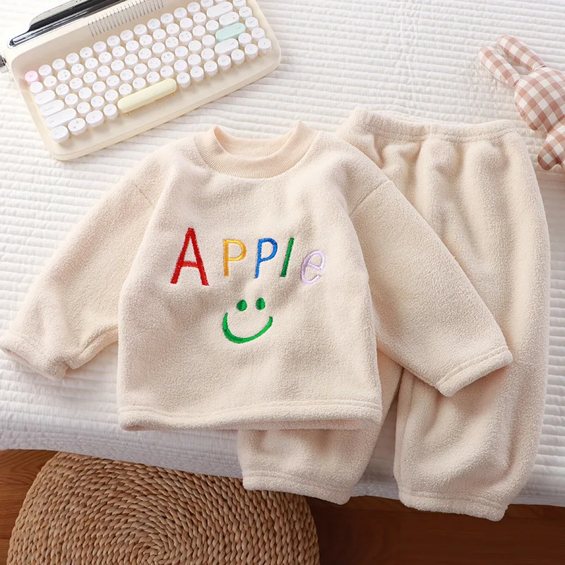Autumn Winter Children Girls 2PCS Pajamas Clothes Set Fleece Thicken Warm Smling Sweatshirt Suit Soft Elastic Waist Pant Outfits