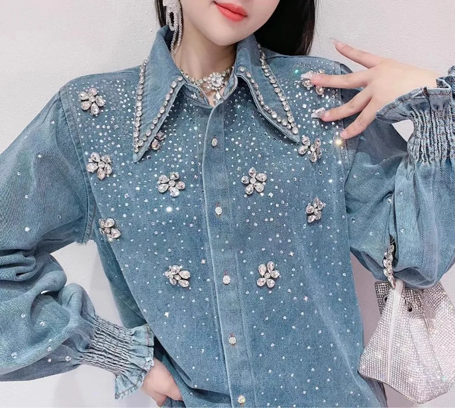 Chic Women Diamonds Beaded Flowers Denim Blouses Rhinestones Jeans Shirts Sequined Cardigan Crystal Outwear Drilling Tops Blusas