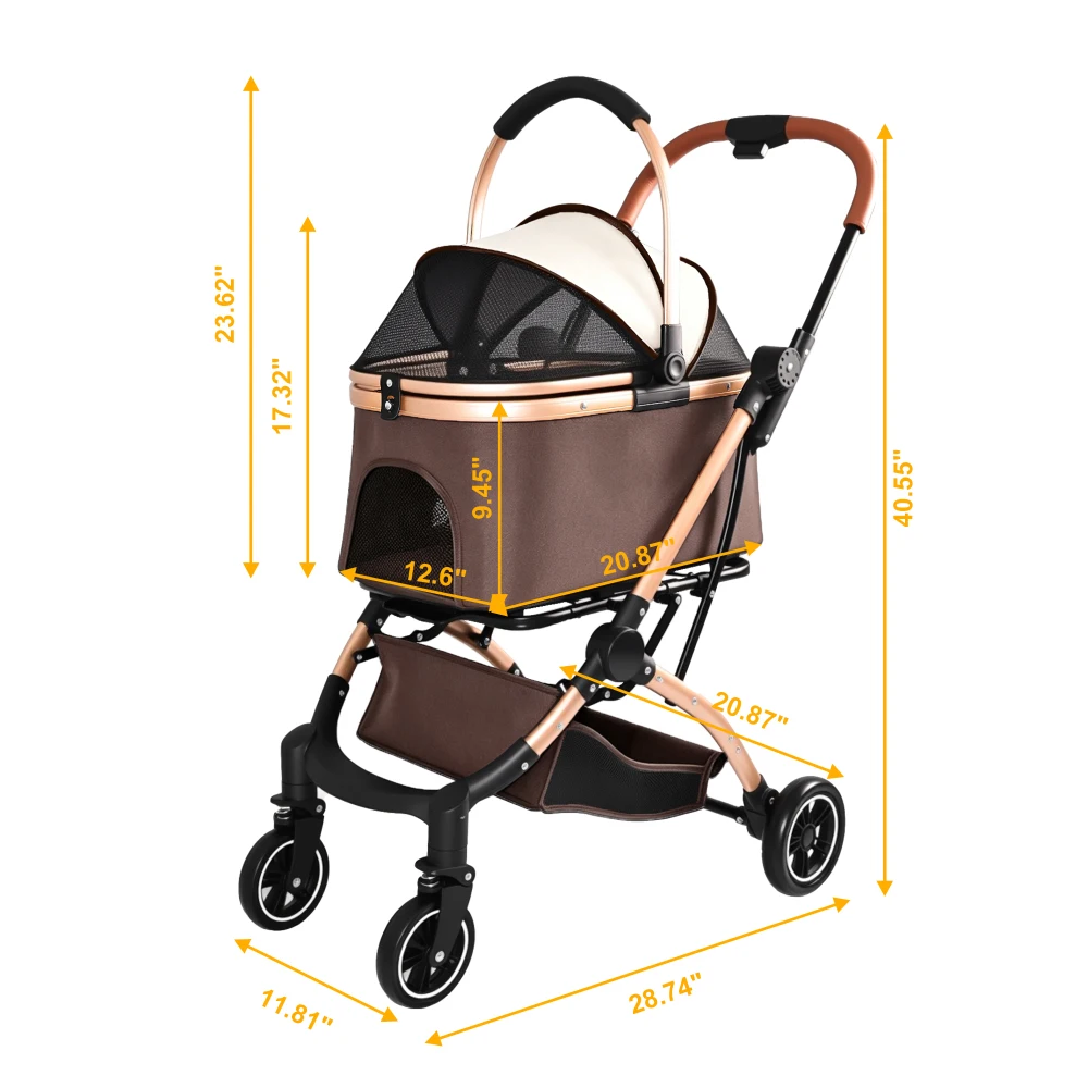 Pet Stroller for Dogs and Cats, 2-in-1 Detachable Foldable Pet Stroller with Detachable Carry Basket, One-Hand Quick Fold, 4 Wheels, Sun Canopy, Storage Basket, Shock-Absorbing Wheels, Up to 28 lbs, Khaki Gold