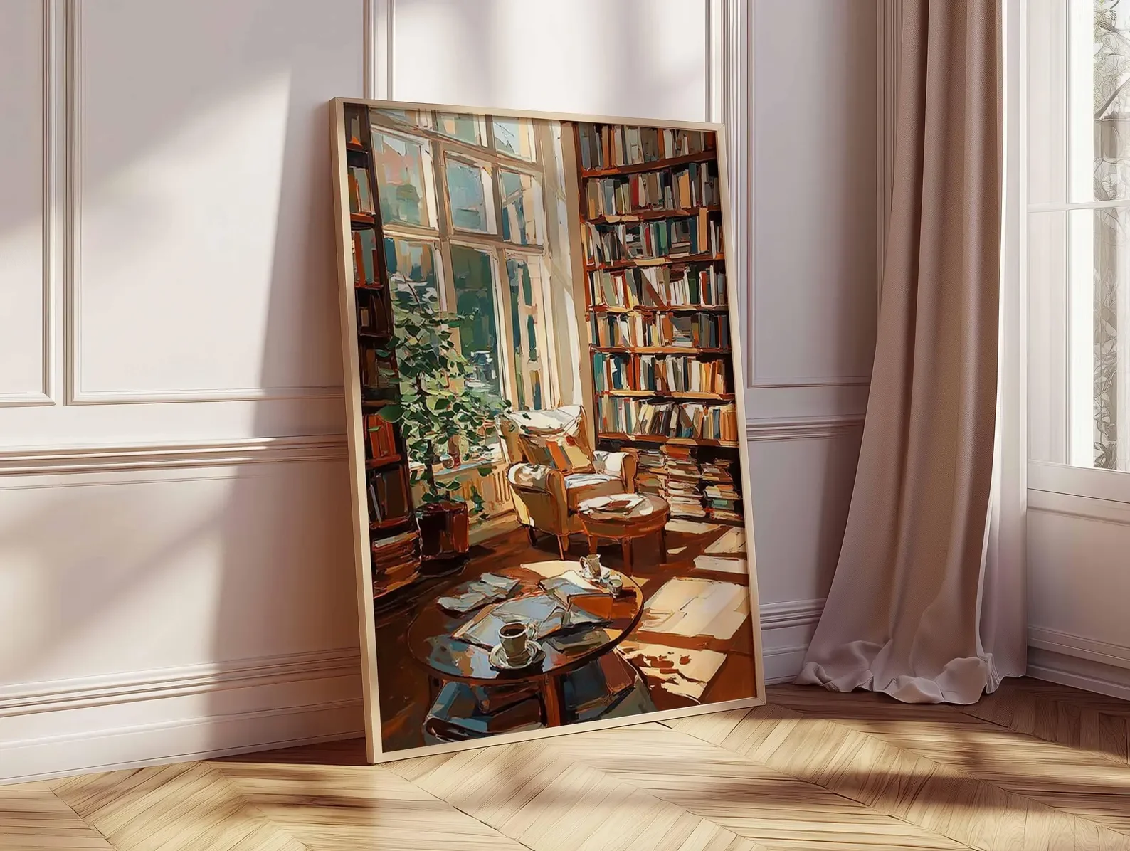 Cozy Reading Room Art Print | Impressionist Library Poster | Book Lover Wall Art | Warm Home Decor | Rustic Study Painting Style