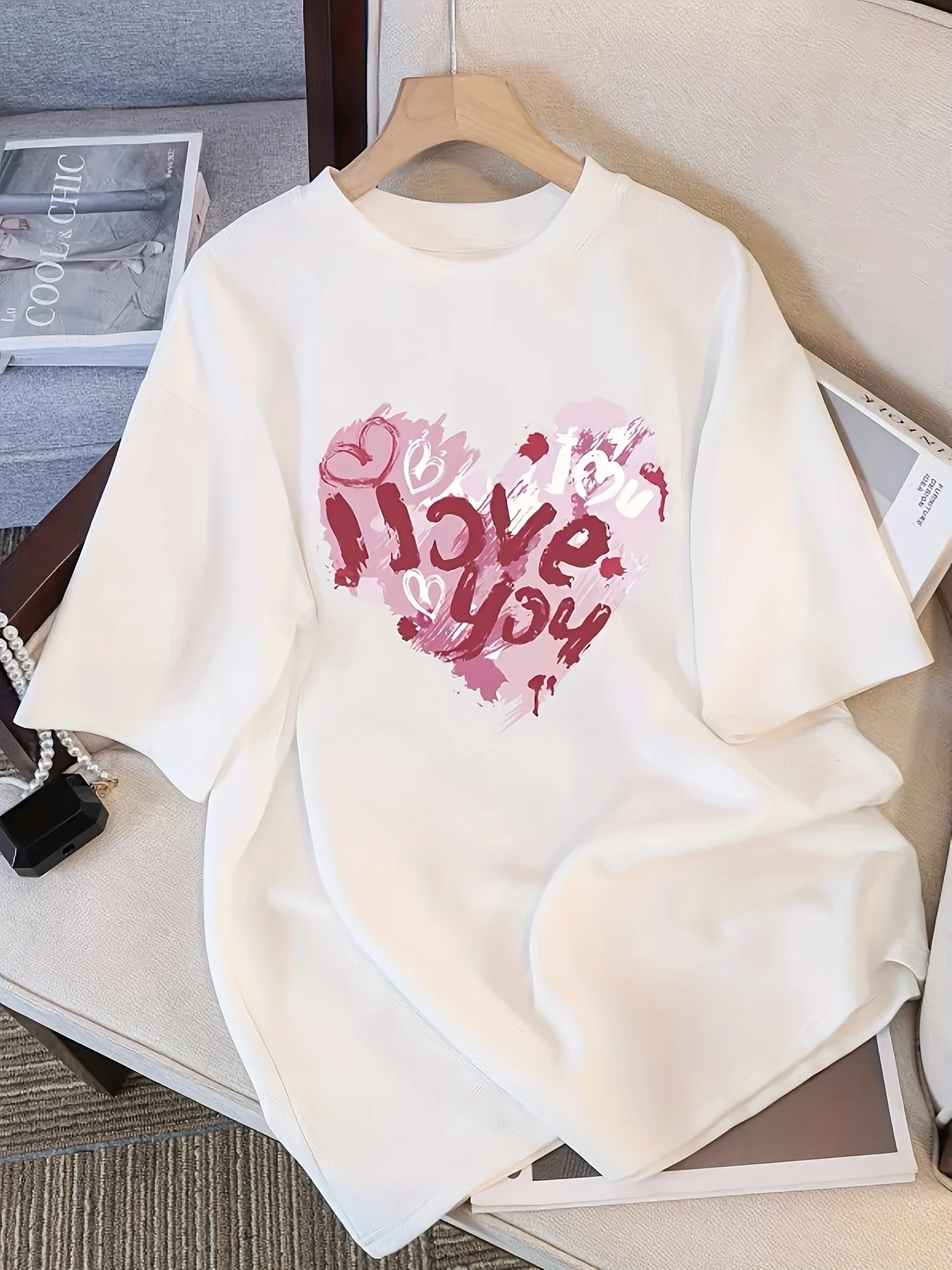 

New Trendy Women'S White Short Sleeve T-Shirt with Cute Heart Print Harajuku Sleeve Casual Clothing Street Aesthetic Clothes