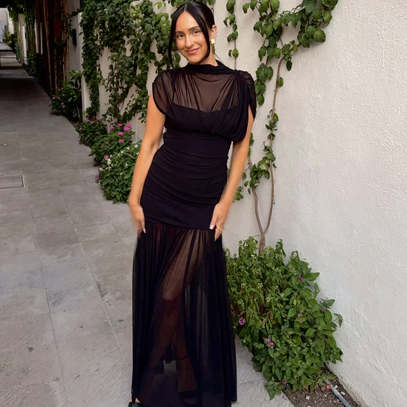 

Tornova Mesh Splice Pleated Dress Women's Sexy Slim Sleeveless Turtleneck Perspective Long Dress Lady Autumn Party Club Clothing