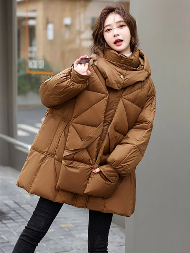 Fashion A-line down jacket for women 2024 Winter Warm Scarf puffer coat with hooded Solid color Female outwear INKEO DJ050