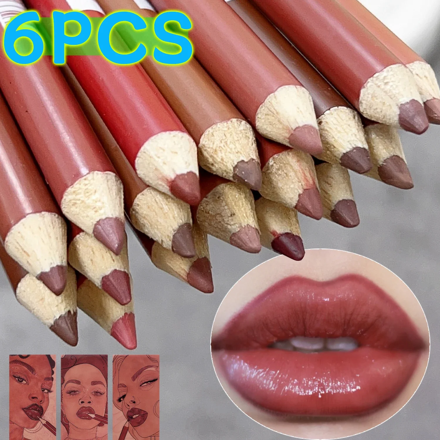 6Pcs/set Matte Brown Lipliner Pencil Waterproof Red Contour Tint Lipstick Long Lasting Non-stick Cup Moisturizing Lips Makeup