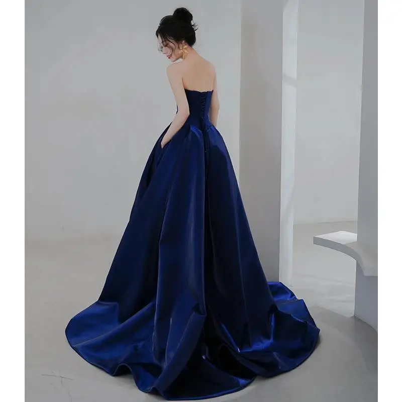 Blue tube top evening dress 2025 new French luxury hosting annual meeting Bel Canto solo art test dress dress