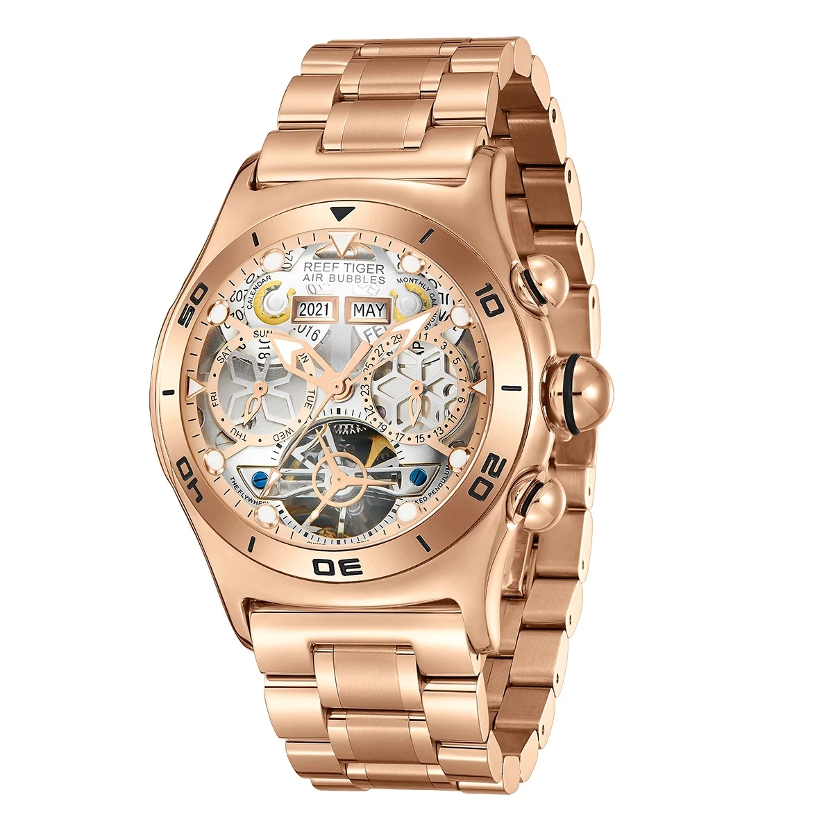 Reef Tiger/RT Men Sport Watch Skeleton Automatic Mechanical Watch Luminous Year Month Date Day Rose Gold Steel Bracelet Watches