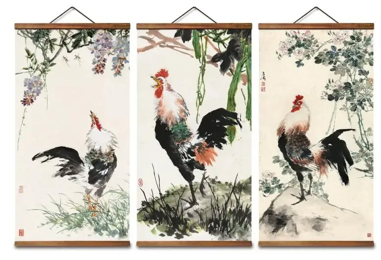 MT0302 Chinese Style rooster Decorative Wall Art Posters Solid Wood Scroll Paintings