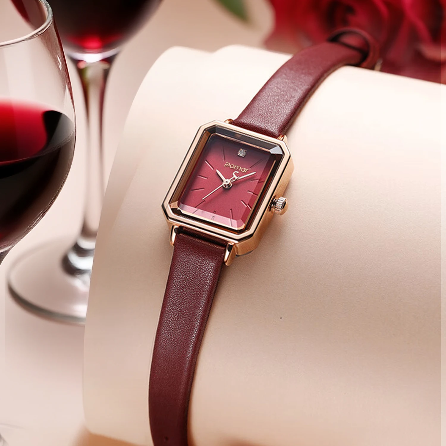 ساعة بومار فاشن أنيقة كلاسيكية مربعة فاخرة من الجلد الأحمر الخمري المقاوم للماء كوارتز للنساء، للنساء للساعة