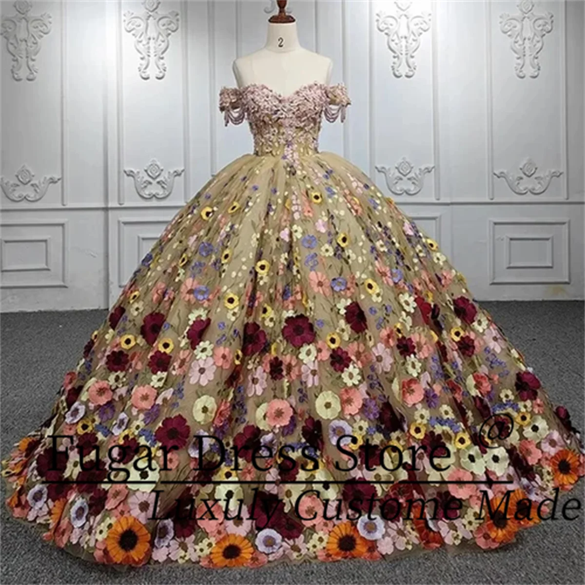 

Customized Fashion 3D Floral Quinceanera Dresses Sexy Off Shoulder Sweet 16 Dress Princess Ball Gowns vestidos de 15 quinceañera