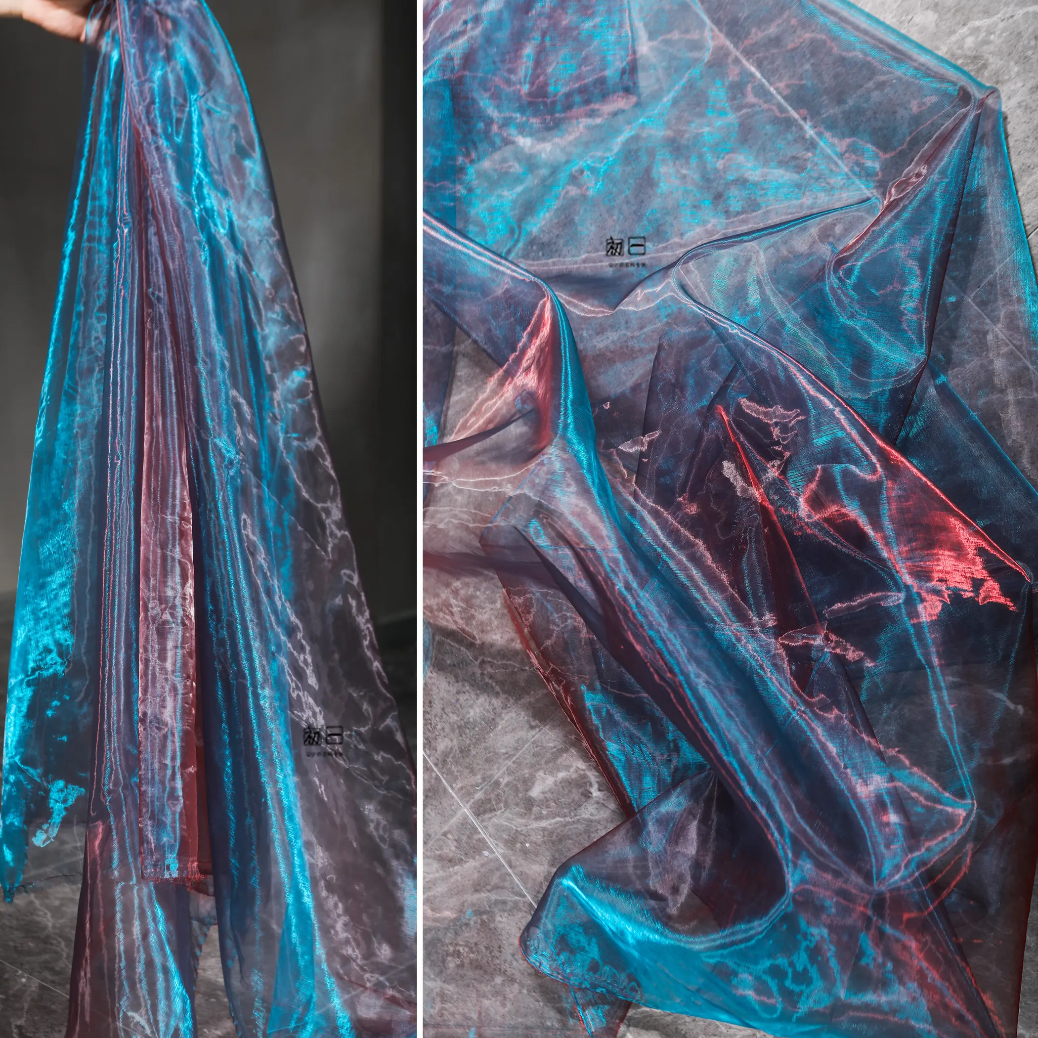 Ancient Red and Blue Gradient Water Light Organza Retro Semi-Transparent Creative Clothing Wedding Gown Dress Designer Fabric