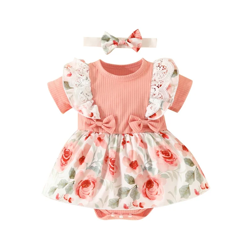 

Baby Girl 2Pcs Summer Outfits, Short Sleeve Bow Front Floral/Leopard Romper + Headband Set