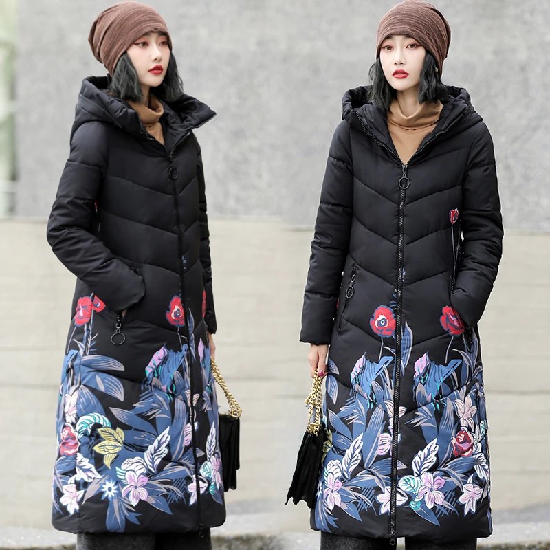 Winter Fall Women Hooded Wine Red Black Blue Flower Pattern Long Parka Coat  , Woman Warm Autumn 6xl 5xl Padded Coats  Parkas