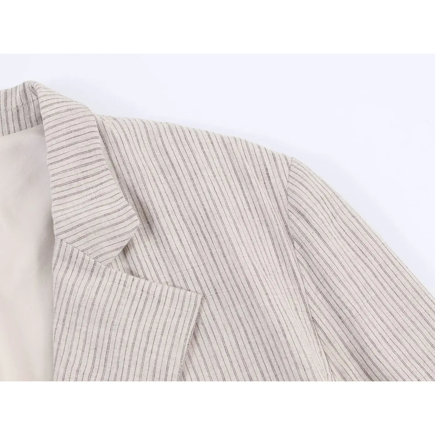KASLEAD New Women's Fashion Mixed Fiber Striped Suit Jacket And Pants Two-Piece Set Long Sleeve Short Length Spring Season