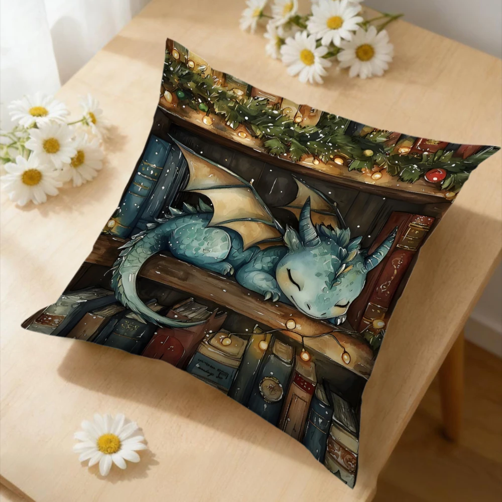 1pc Fantasy Blue Dragon Sleeping On Bookshelf Cushion Cover Green Garland Lights Pillowcase For Living Room Sofa Bed Decorative