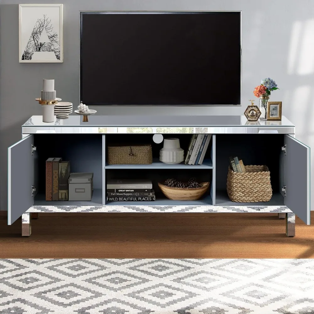 حامل تلفزيون بمرآة، خزانة تلفزيون فضية مع خزائن تخزين وأرفف مفتوحة، خزانة تلفزيون 60 بوصة لغرفة المعيشة، ترفيهية