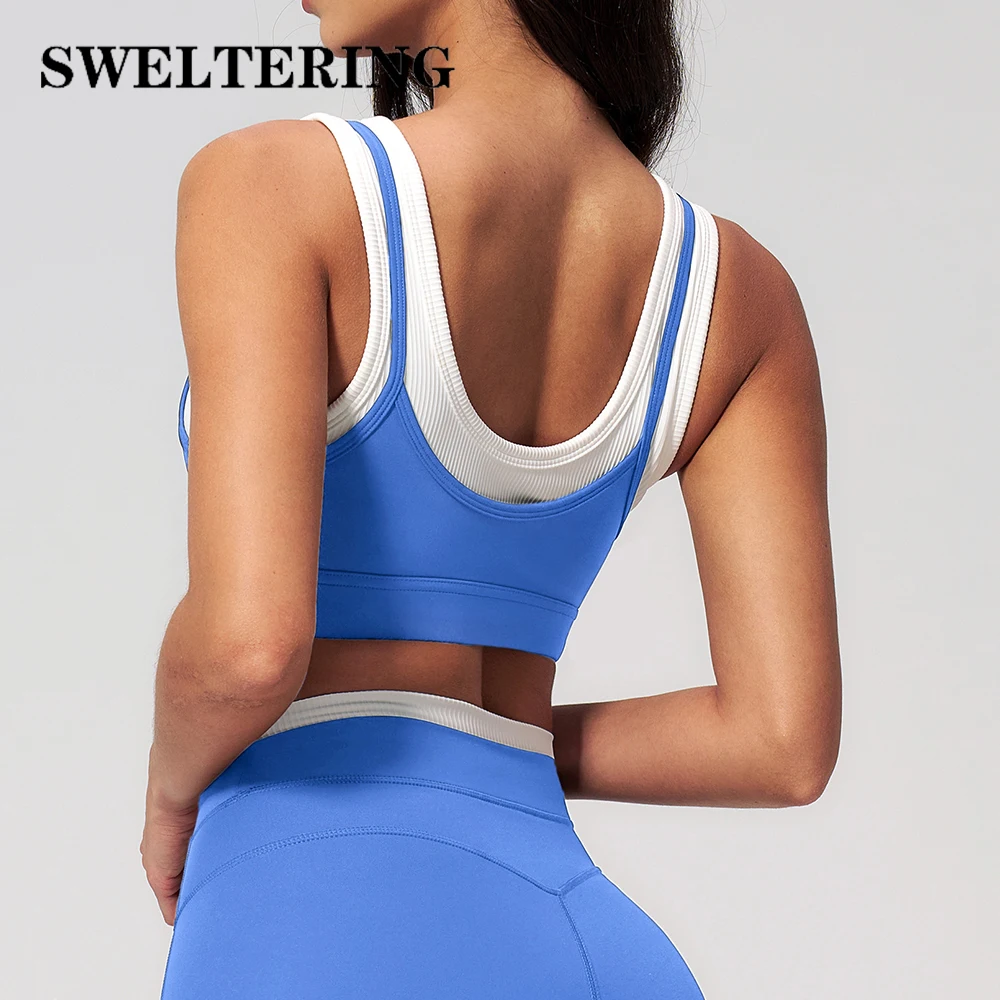 Summer Thread Breathable Fitness Bra Color Contrast Workout Top Sexy Sport Underwear  U-neck Push Up Yoga Vest Workout Underwear