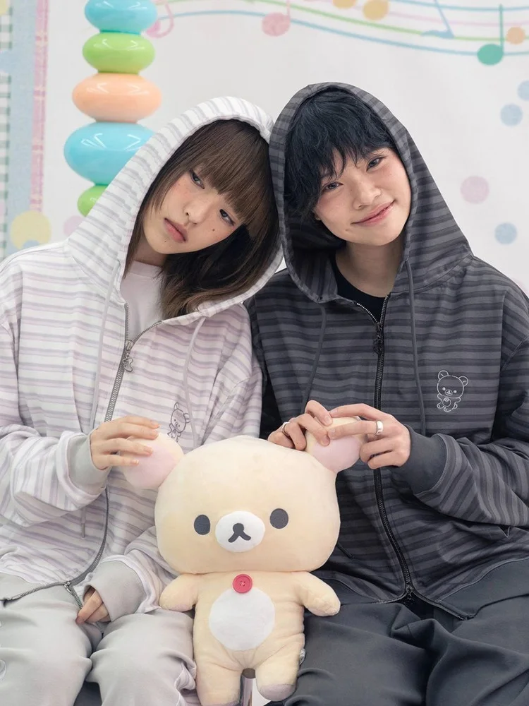 

Комплект Smoid Golden Autumn Bear: повседневные полосатые худи и брюки, свободный крой, хлопок, на молнии, с длинными рукавами, с капюшоном