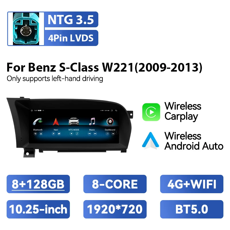 10.25 inch IPS Scherm Draadloze Carplay Auto AutoRadio Voor Mercedes Benz S-Klasse W221 3.0/3.5 Android 14 GPS Navigatie Multimedia
