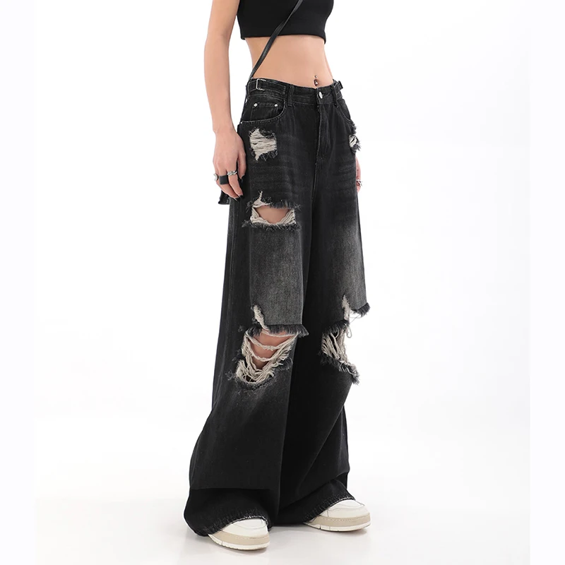 Gidyq Women High Waist Jeans Vintage Female Ripped Streetwear Wide Leg Pants American Style Casual Straight Denim Trousers