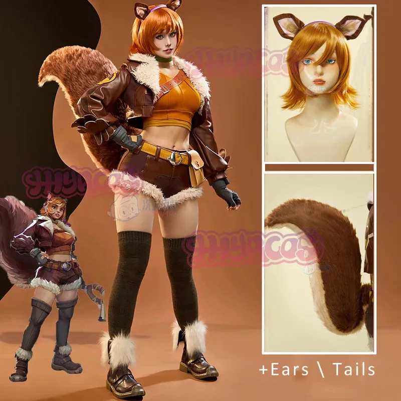 

DY2025Белка Девушка Косплей Doreen Allene Green Rivals Костюм Кожаная куртка шорты поясная сумка перчатки хвост комплект Хэллоуин Женщины U