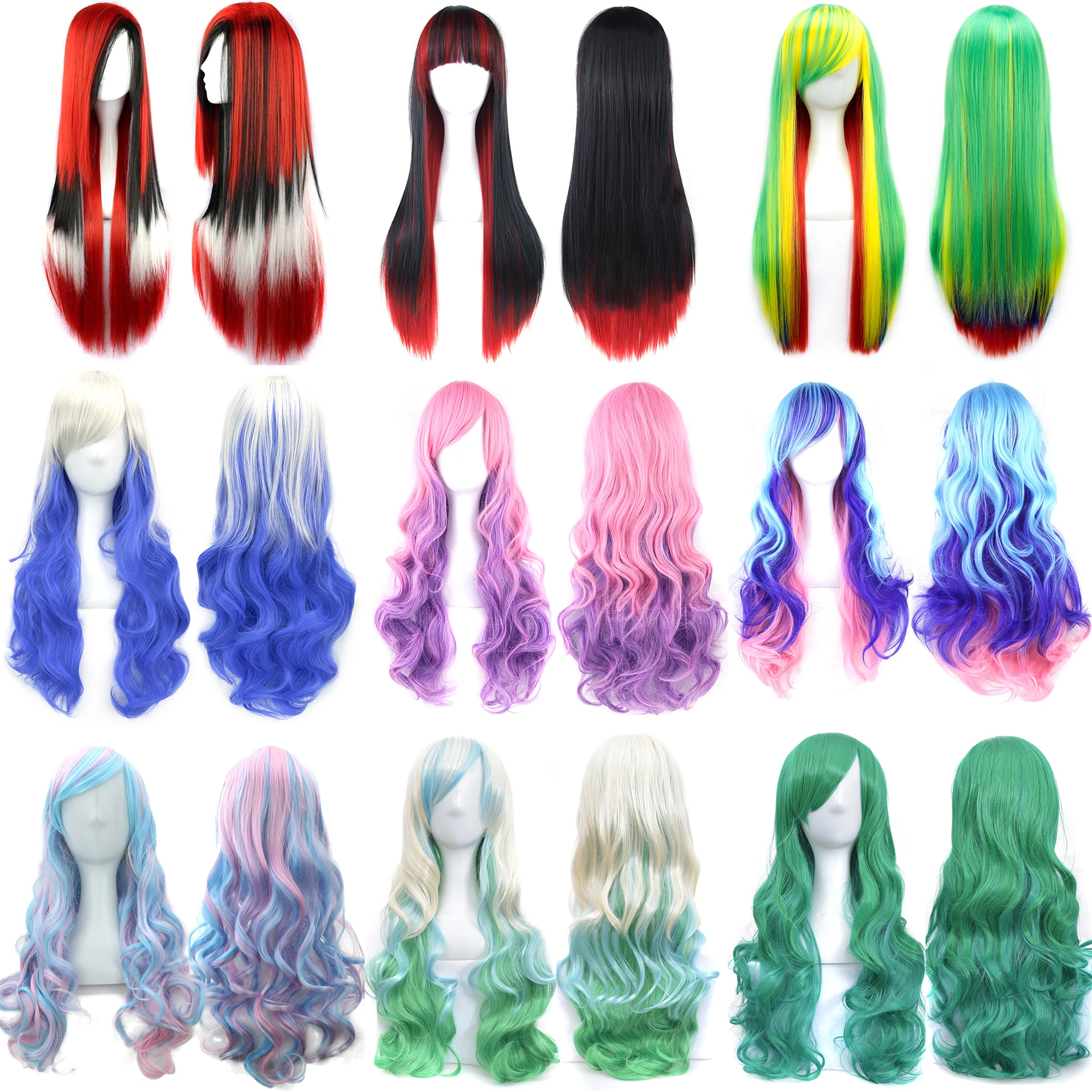 

28inch Long Synthetic Hair Wigs for Women Heat Resistance Fiber Party Hair Red Black White Rainbow Hair Cosplay Wig