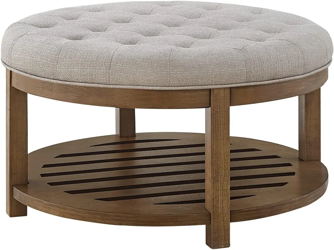 Large Round Upholstered Tufted Linen Ottoman Coffee Table, Large Footrest Ottoman with Wood Shelf Storage-Iinen