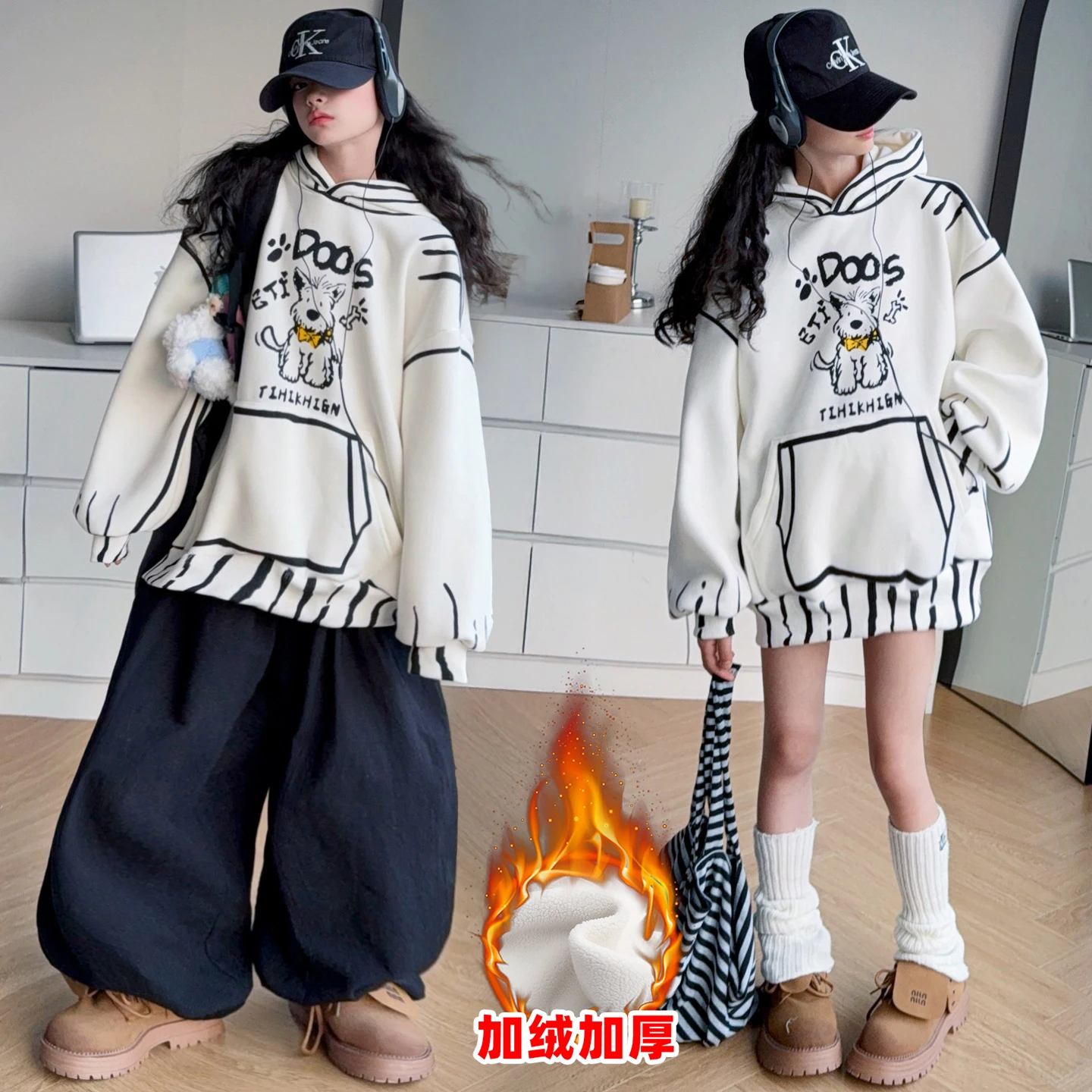 

25AW Girl Insulated Hoodie Ages 4-14Y Kid Streetwear Fleece Sweatshirt Child Daily Pullover Student Drawing Printed Top Clothes