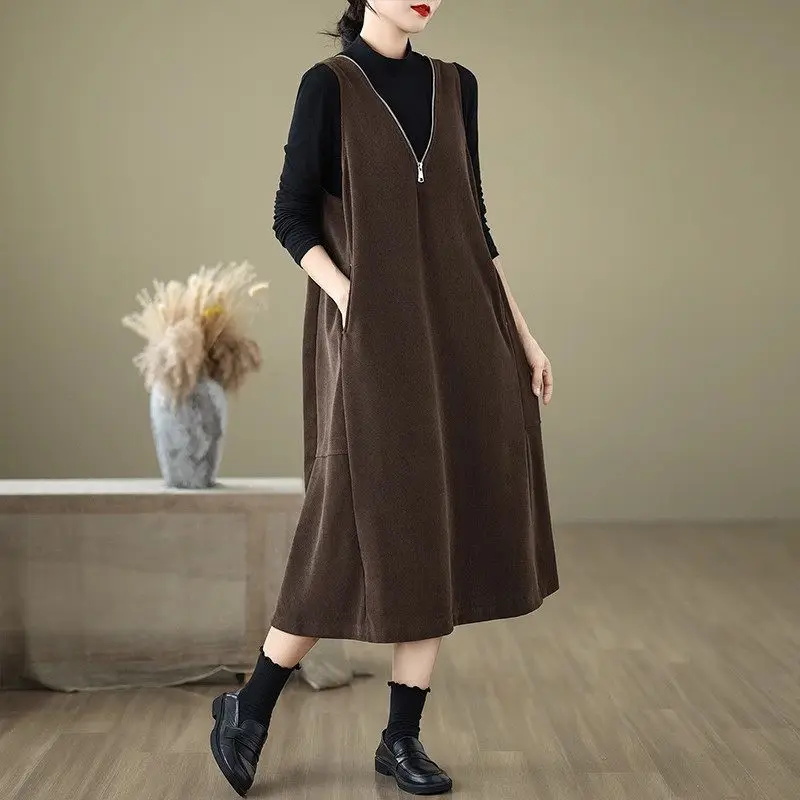 2024 Autumn And Winter Dress Loose Large Size V-Neck Versatile Mid Length Women's Sleeveless Casual Vest Dress Jacket K2651