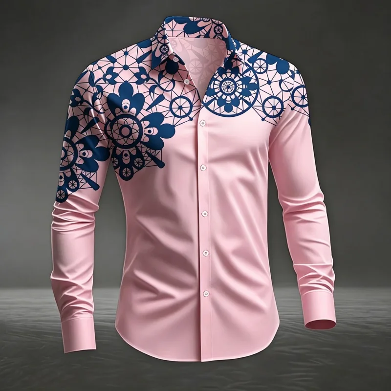 Men's Stylish Blue White Mandala Floral Print Long Sleeve Button Down Shirt  Casual Slim Fit Business Party Tops  Elegant Bohemi