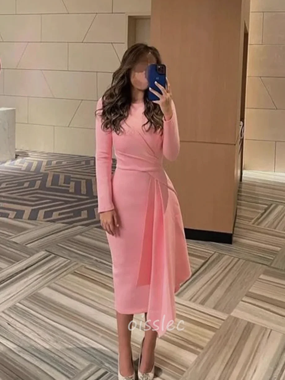 Oisslec Formal Evening Dresses Pink Long Sleeve O Neck Dubai Muslim Formal Dress Tea Length Prom Occasion Gown 2024