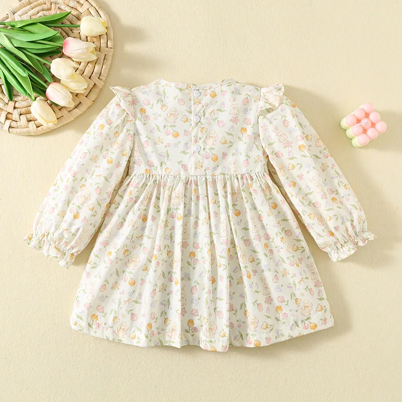 2025 Autumn Girls Floral Print Dress with Ruffle Hem Embroidery Bunny Long Sleeve Princess Cotton Dresses Cute Toddler Outfit