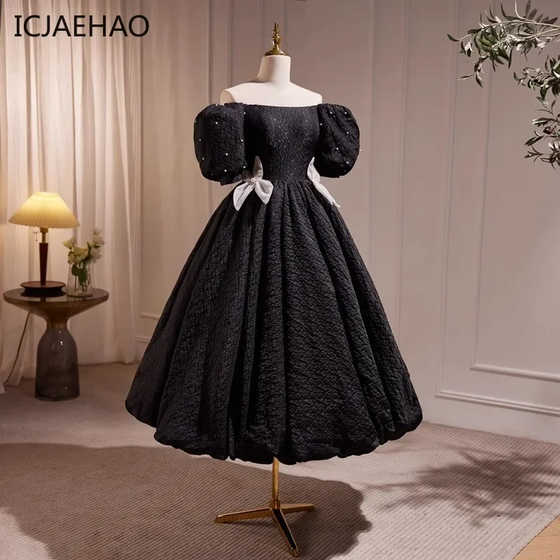 ICJAEHAO 2025 Children  Girls High-End Luxury Kid Evening DressesVintage Black Princess Long Dress Elegant Off Shoulder Youth