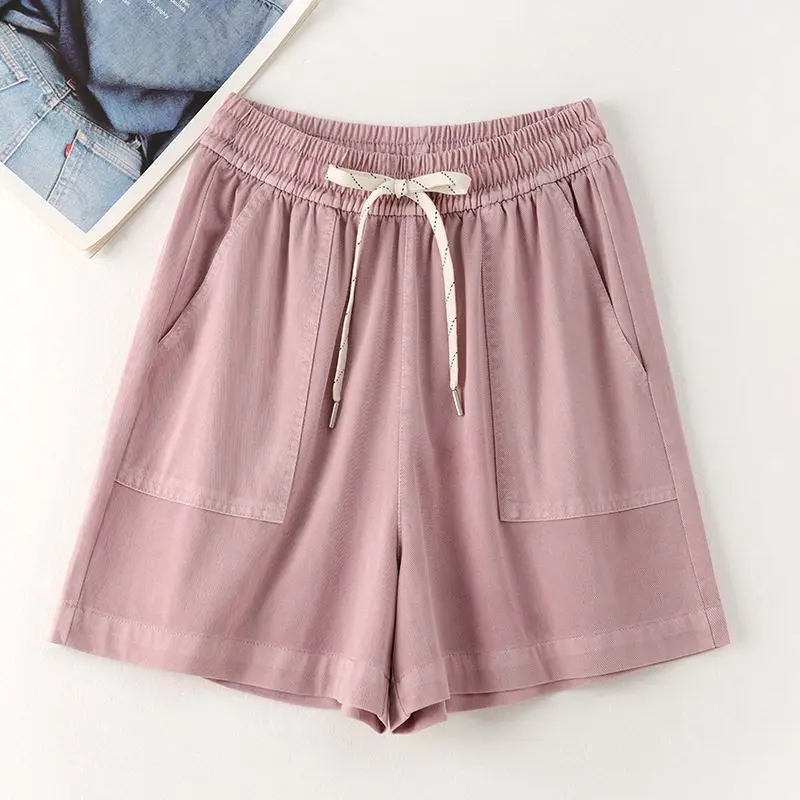 Vrouwen zomer dunne ijszijde denim shorts casual grote zakken trekkoord elastische taille korte jeans veelzijdige wijde pijpen hotpants