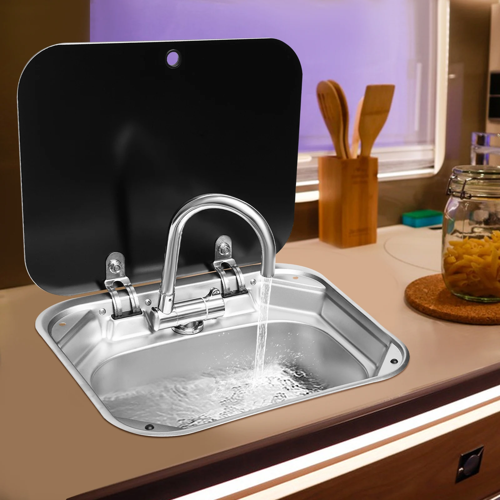 304 Stainless Steel Hand Wash Basin Sink Camper Accessories RV Sink with Tempered Glass Lid & Folded Faucet
