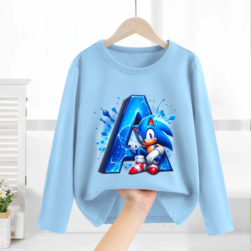 

New Sonics Children's Blue T-shirt Boy Girl Cartoon Anime A-Z Letter Long Sleeved Shirts Top Kid Spring Autumn Home Clothing Tee